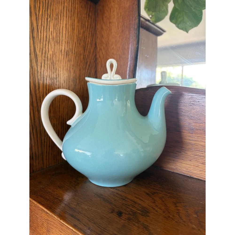 Vintage Mid Century Modern Turquoise Blue Ceramic Teapot & Shaker Set MCM Retro